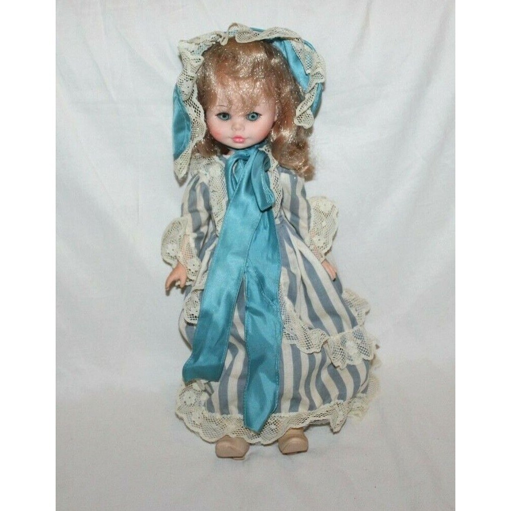 Vintage Doll 15” Tall Sleep Eyes Blond Blue Satin Dress Eugene Plastic Bonnet
